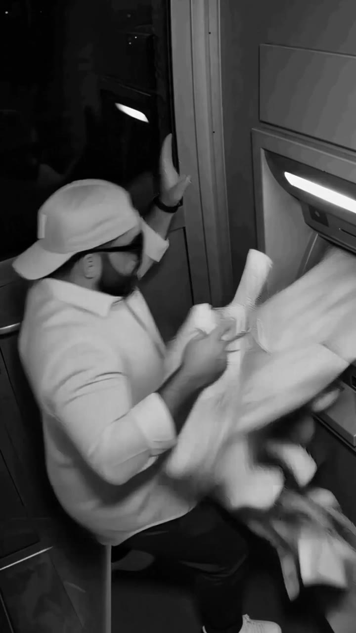 Falling cash ATM recast, black and white video still