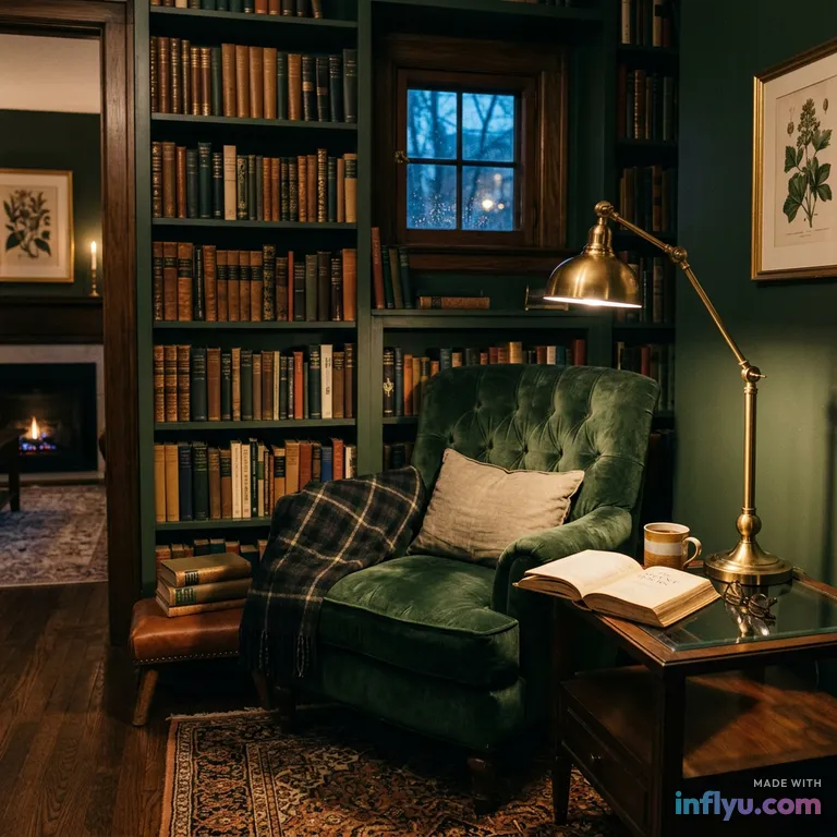 Moody dark-green library nook with brass reading lamp and velvet armchair, AI image