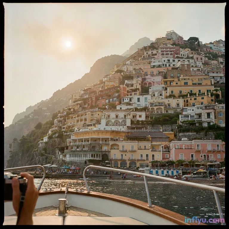 Amalfi coast cliffside village from a boat, AI image