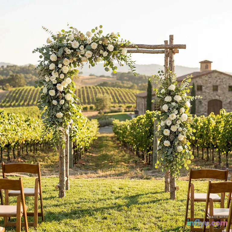 Outdoor wedding arch with white roses and eucalyptus in a vineyard, AI image