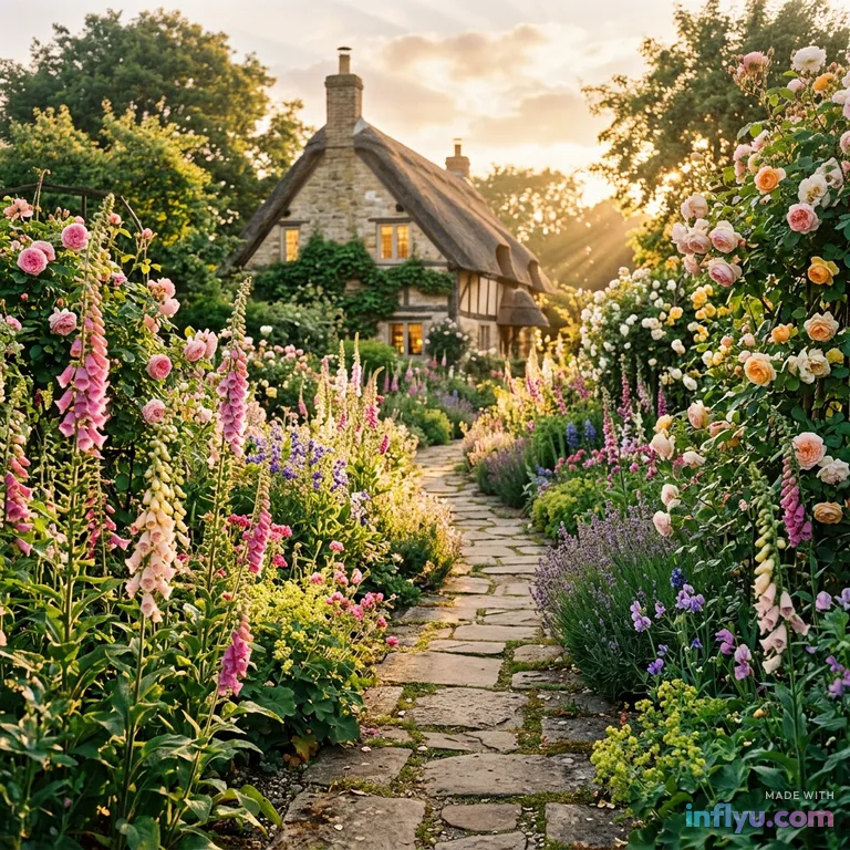 English cottage garden path with foxgloves and roses, AI image