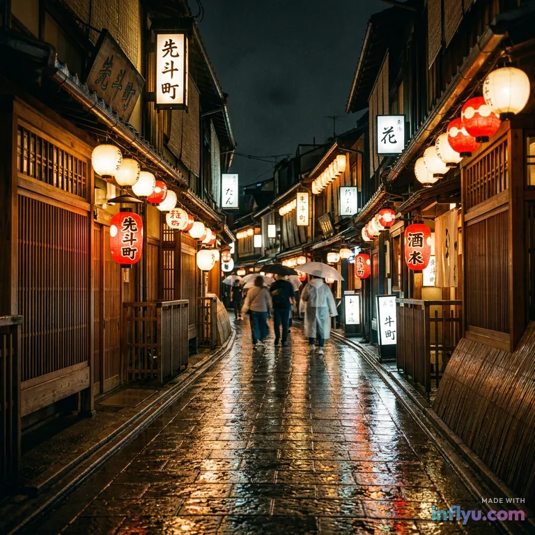 Kyoto lane with lanterns at night after rain, AI image