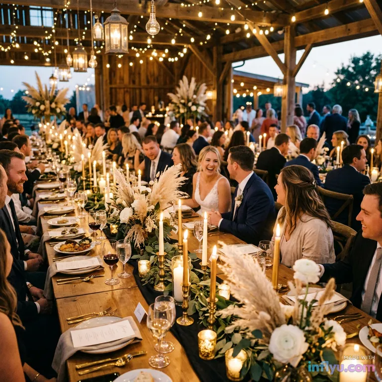 Long candlelit wedding reception table with pampas grass, AI image