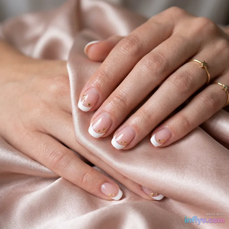 French tips with tiny gold stars, AI image