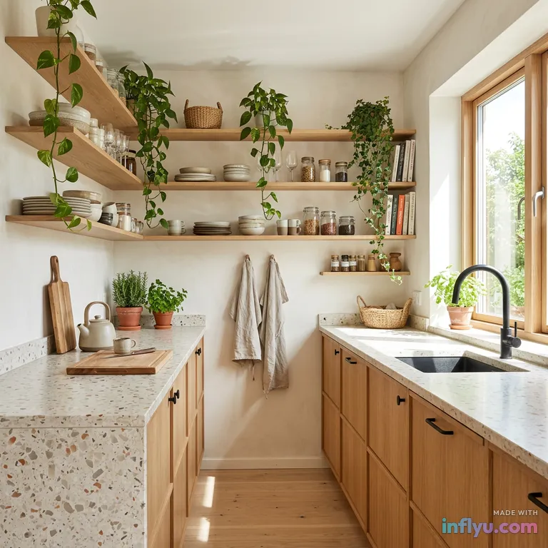 Bright Scandinavian kitchen with terrazzo counters, AI image