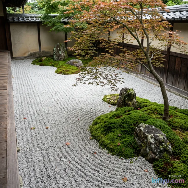 Minimal Japanese zen garden with raked gravel, AI image