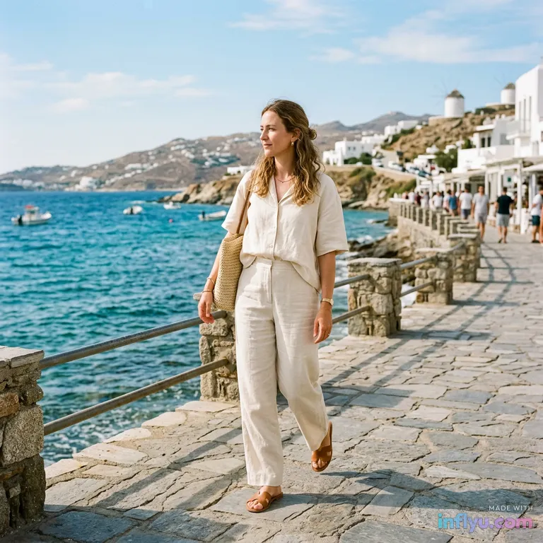 Minimal summer linen outfit on a seaside promenade, AI image