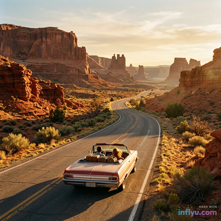 Desert road trip in Utah, AI image