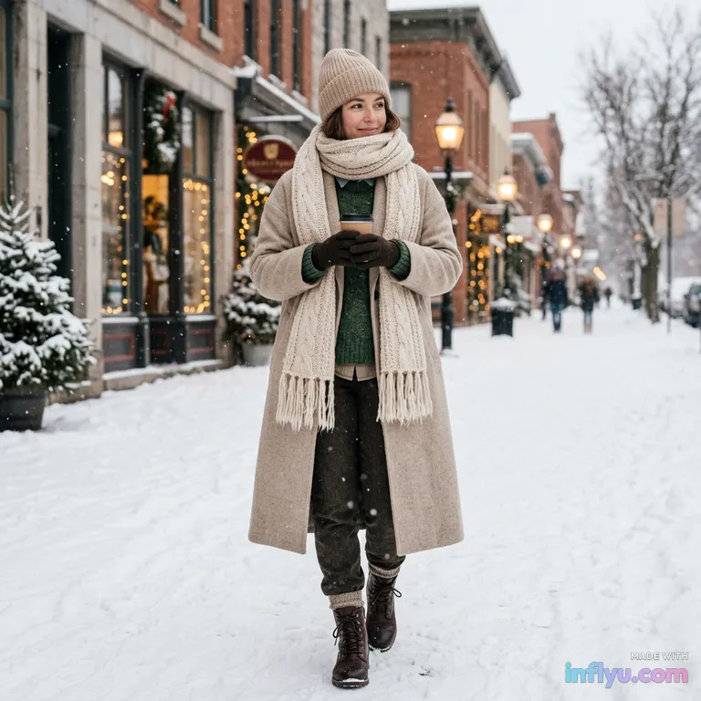 Cozy winter layered outfit with chunky scarf in a snowy street, AI image