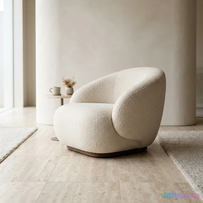 Curvy bouclé lounge chair in cream on a travertine floor, AI image