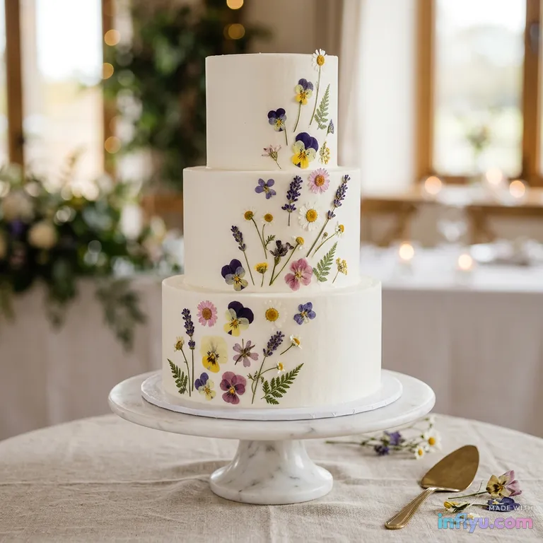 Minimal white wedding cake with pressed flowers on a marble stand, AI image