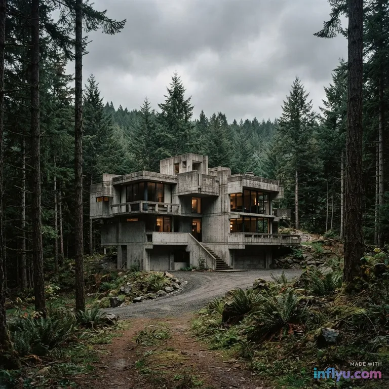 Brutalist concrete house in a pine forest, AI image