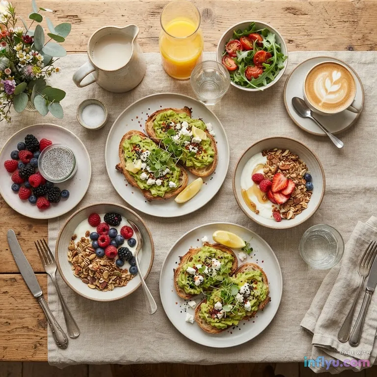 Overhead brunch spread: AI image