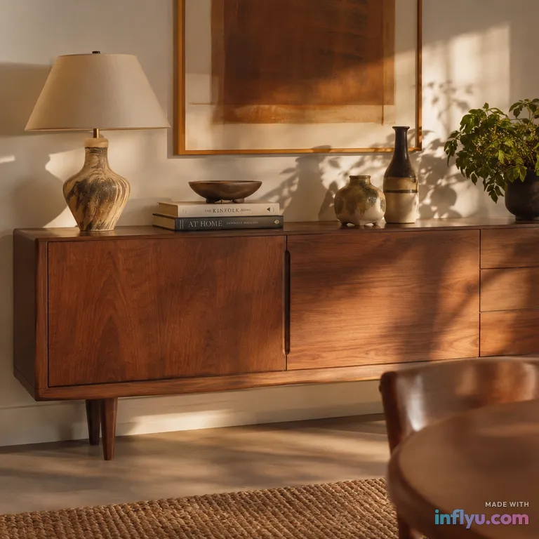 Mid-century walnut sideboard styled with ceramics and books, AI image