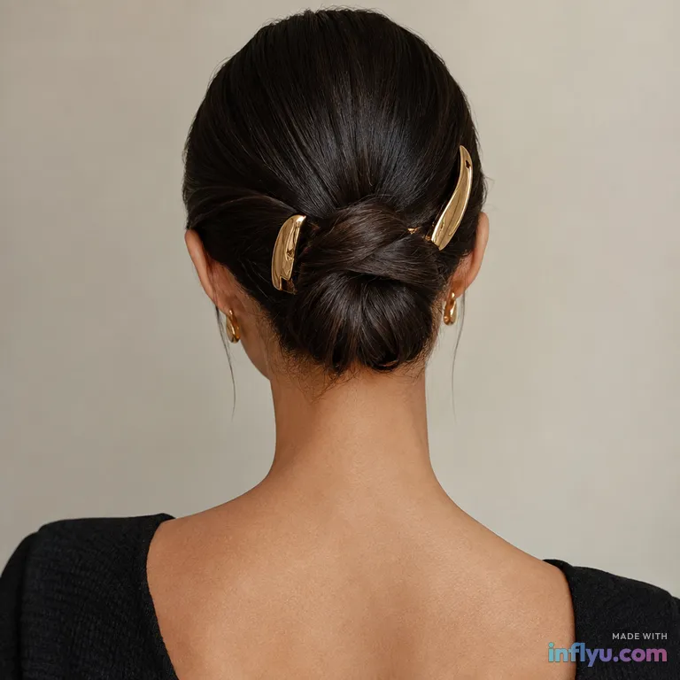 Sleek low bun with gold hair clips, AI image