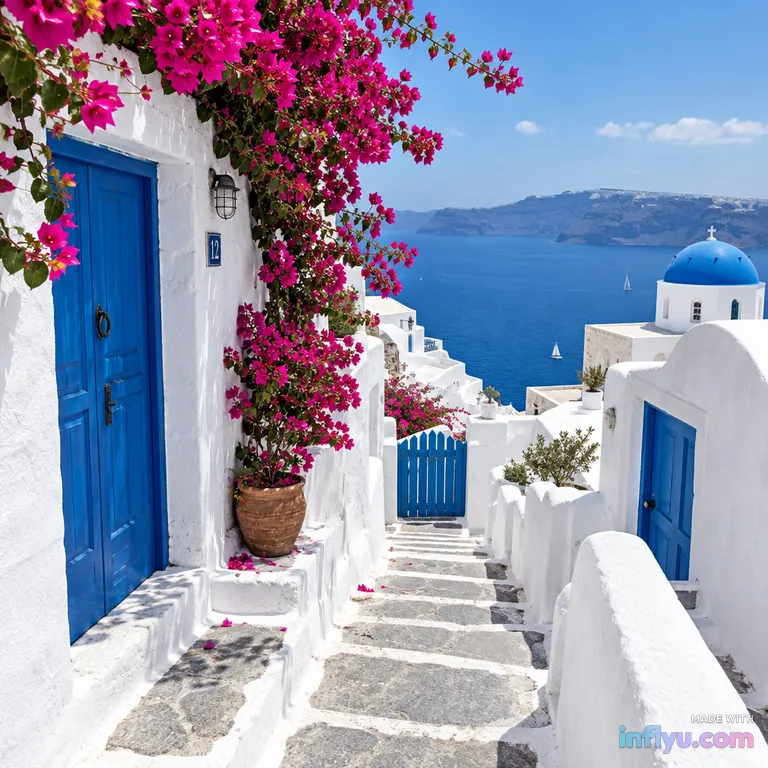Whitewashed Santorini-style stairs with blue doors and bougainvillea, AI image