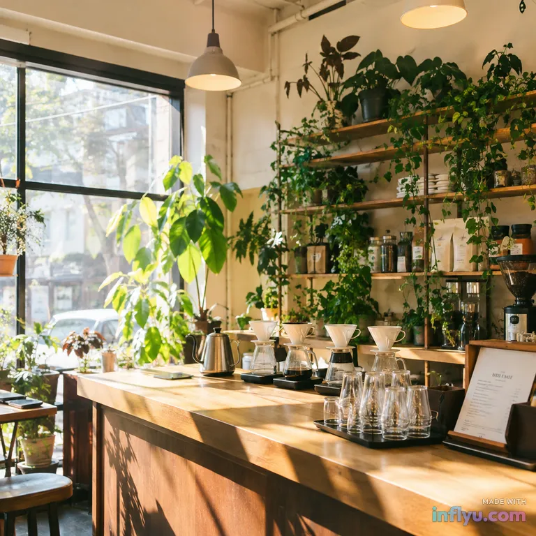 Plant-filled specialty coffee bar with pour-over setup, AI image