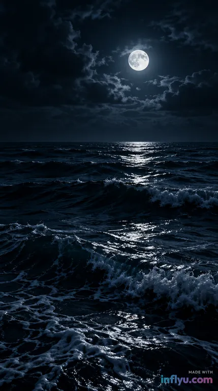 Dark moody ocean waves at night with moonlight, AI image