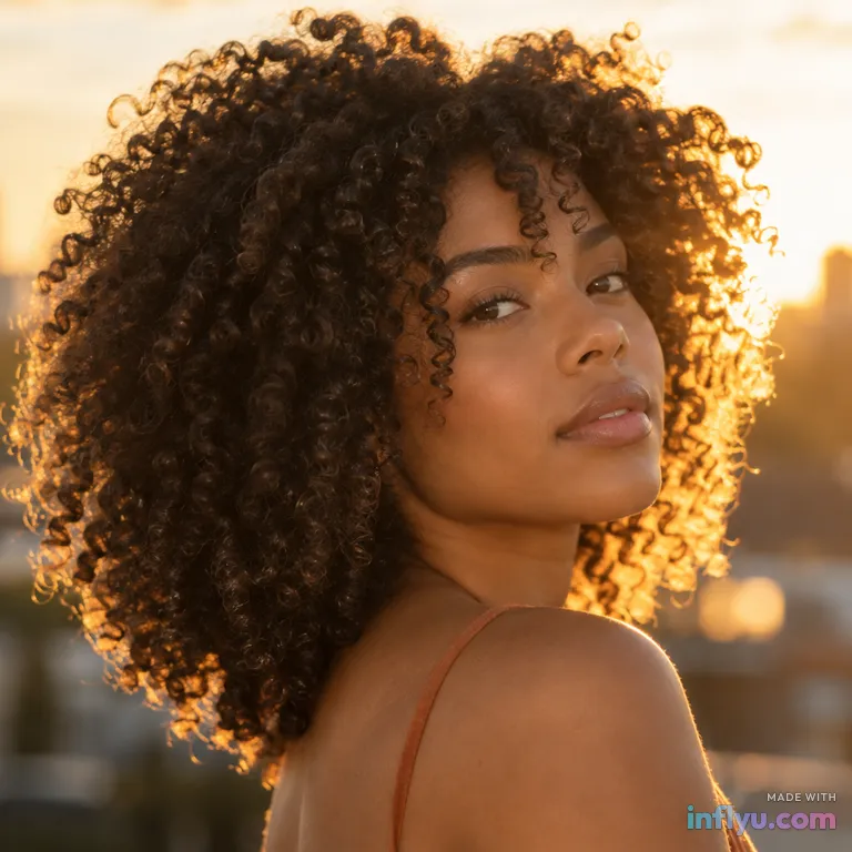 Curly natural hair with defined coils, AI image