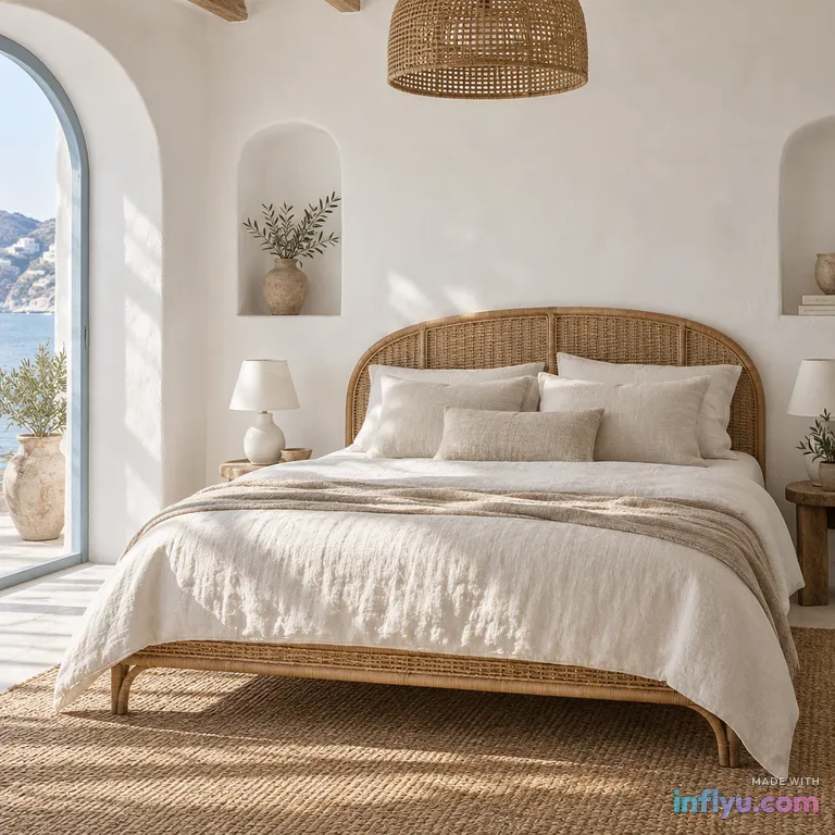 Rattan bed with linen bedding in a white Mediterranean bedroom, AI image