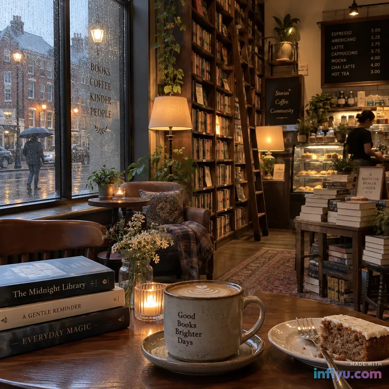 Rainy-day bookstore café with warm lamps and stacked books, AI image
