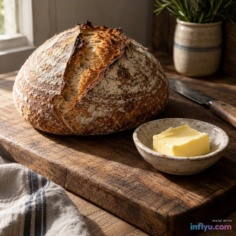 Rustic sourdough loaf and butter on a wooden board, AI image