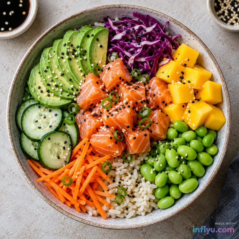 Colorful poke bowl with salmon, AI image