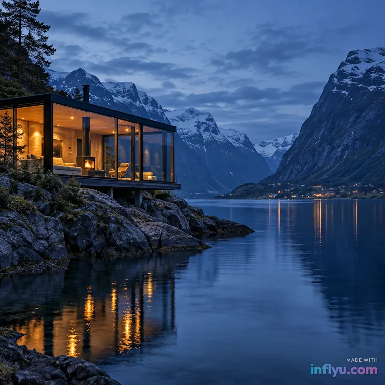 Glass cabin on a Norwegian fjord at blue hour, AI image