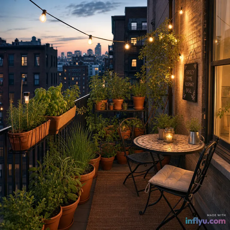 Small city balcony garden with string lights, AI image