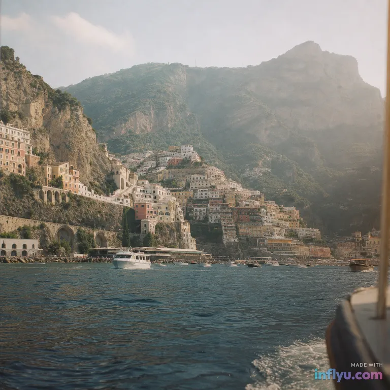 Amalfi coast cliffside village from a boat, AI image
