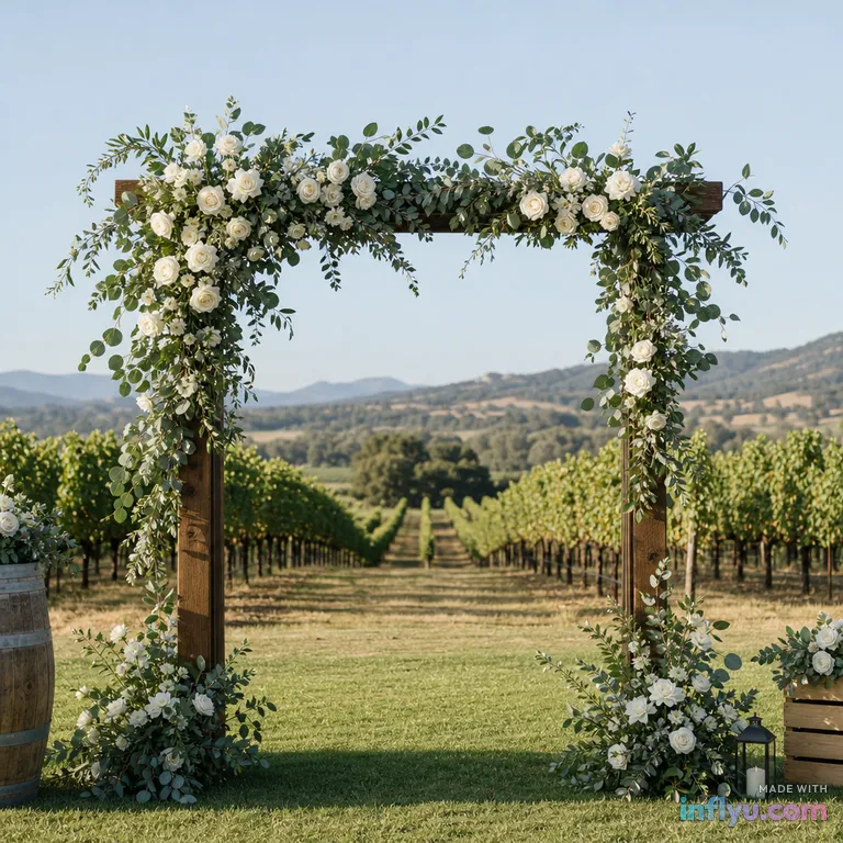 Outdoor wedding arch with white roses and eucalyptus in a vineyard, AI image