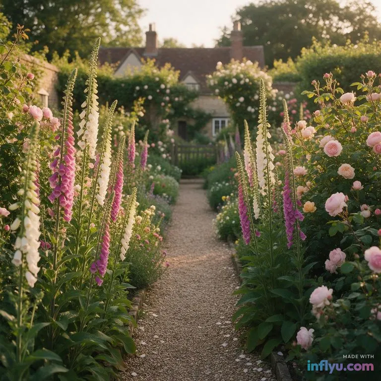 English cottage garden path with foxgloves and roses, AI image