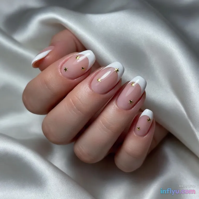 French tips with tiny gold stars, AI image