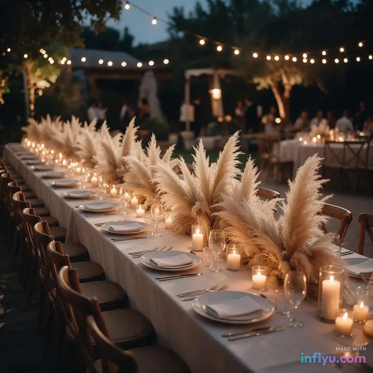 Long candlelit wedding reception table with pampas grass, AI image