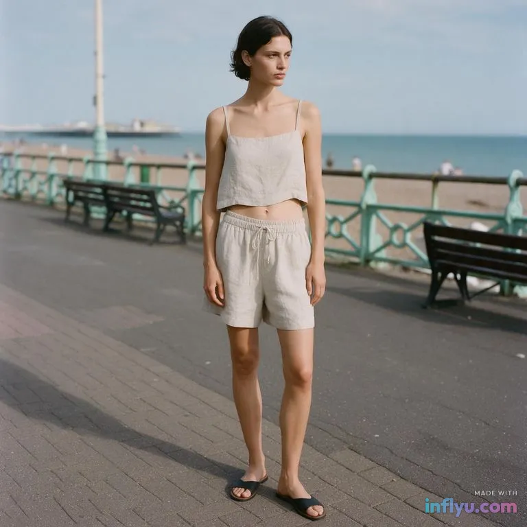 Minimal summer linen outfit on a seaside promenade, AI image