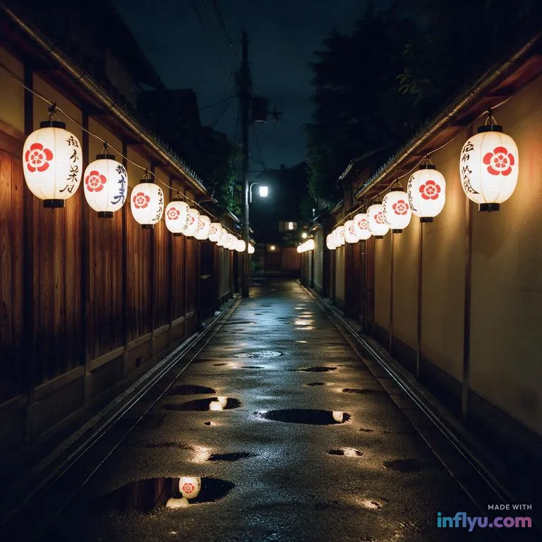 Kyoto lane with lanterns at night after rain, AI image
