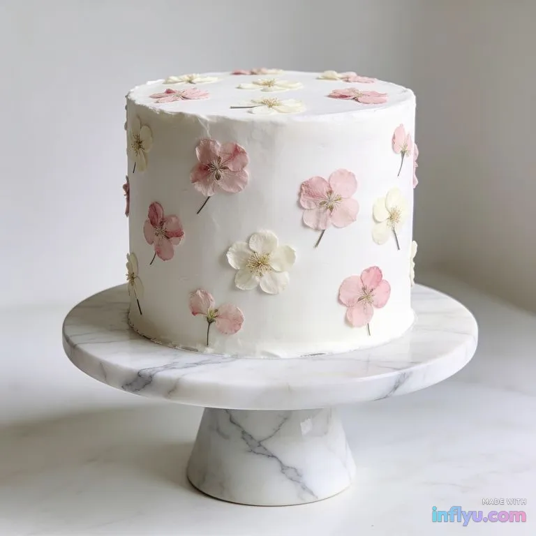 Minimal white wedding cake with pressed flowers on a marble stand, AI image