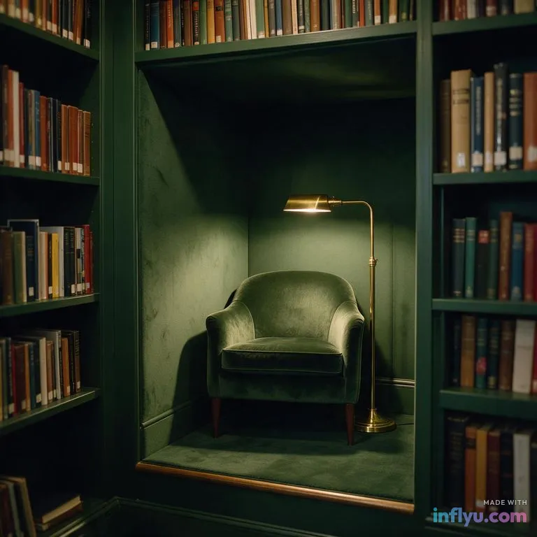 Moody dark-green library nook with brass reading lamp and velvet armchair, AI image