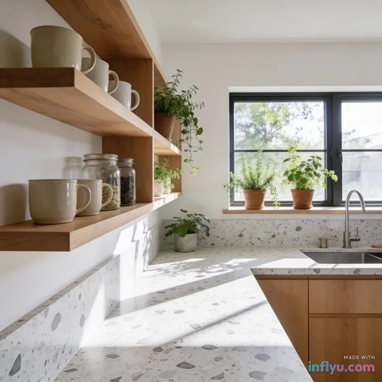 Bright Scandinavian kitchen with terrazzo counters, AI image