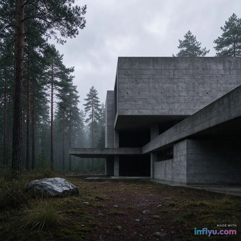 Brutalist concrete house in a pine forest, AI image