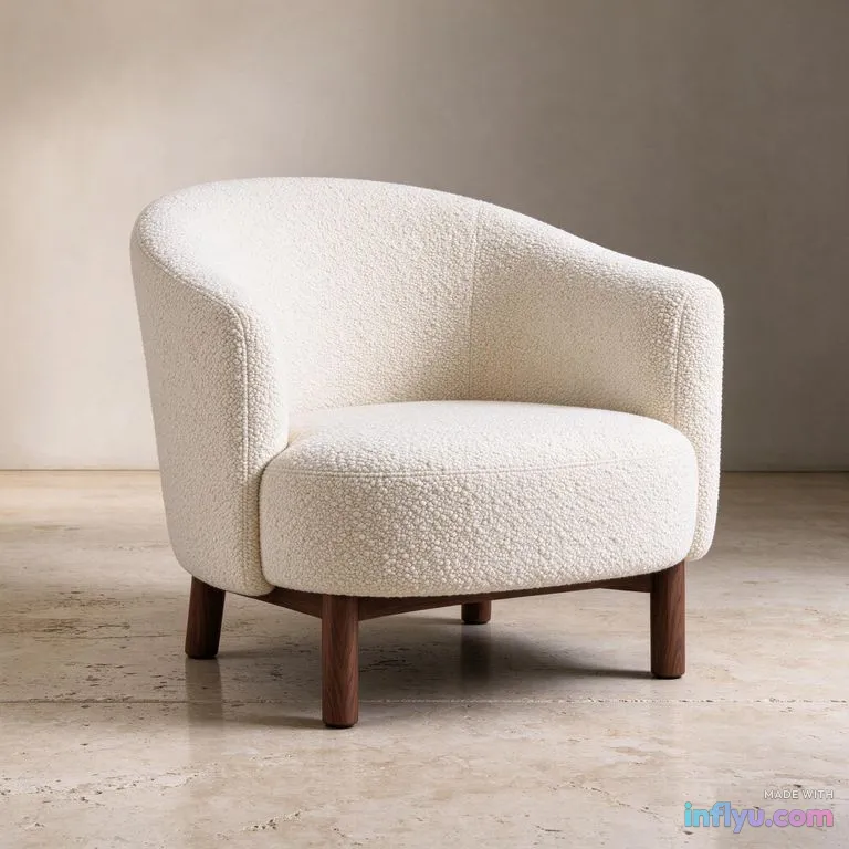 Curvy bouclé lounge chair in cream on a travertine floor, AI image
