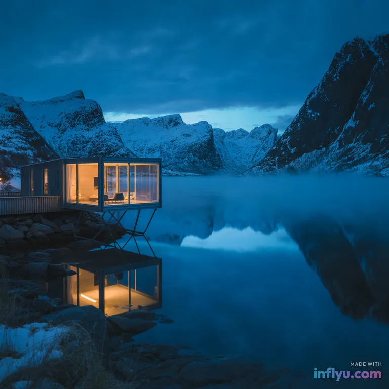 Glass cabin on a Norwegian fjord at blue hour, AI image