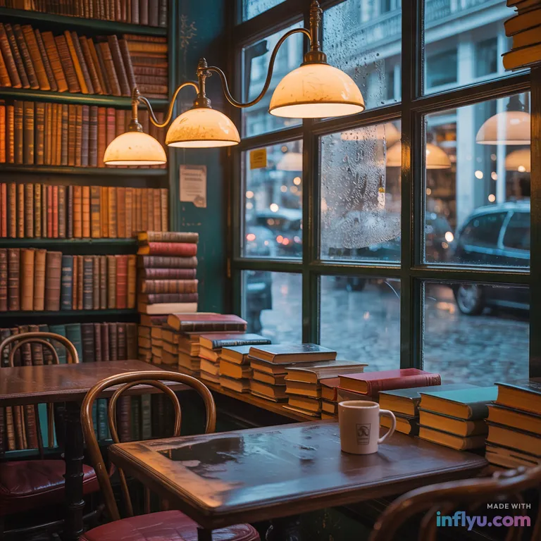Rainy-day bookstore café with warm lamps and stacked books, AI image