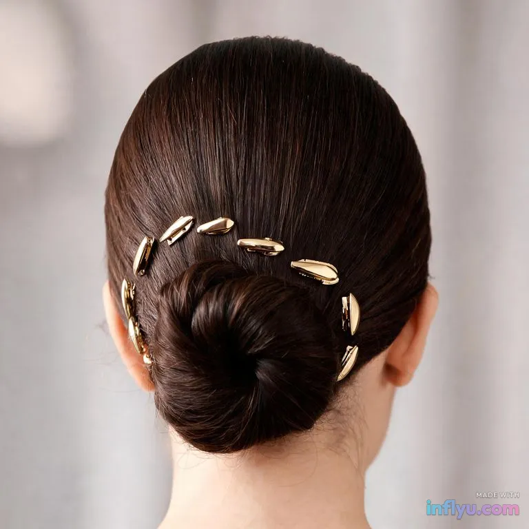Sleek low bun with gold hair clips, AI image