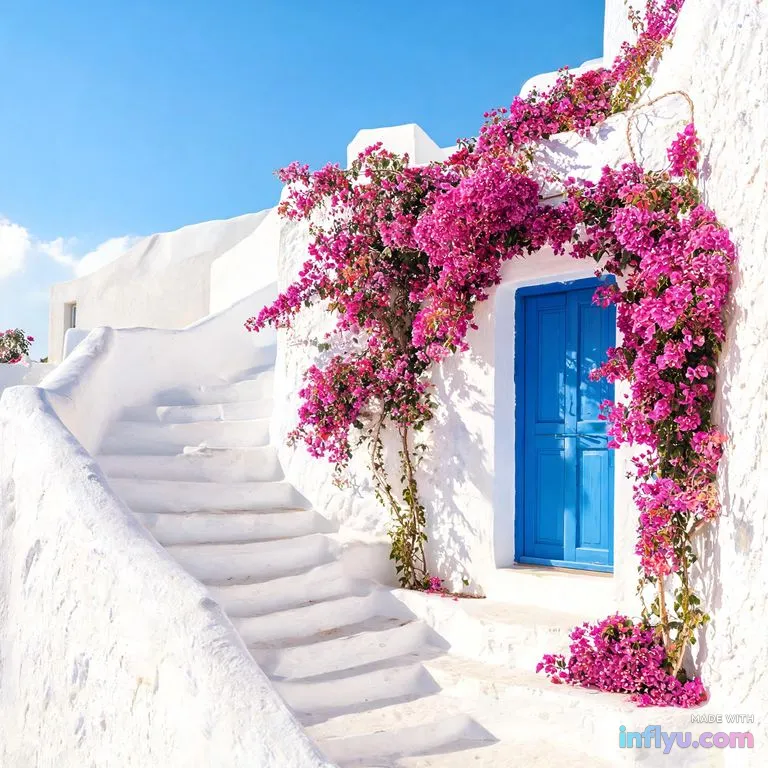 Whitewashed Santorini-style stairs with blue doors and bougainvillea, AI image