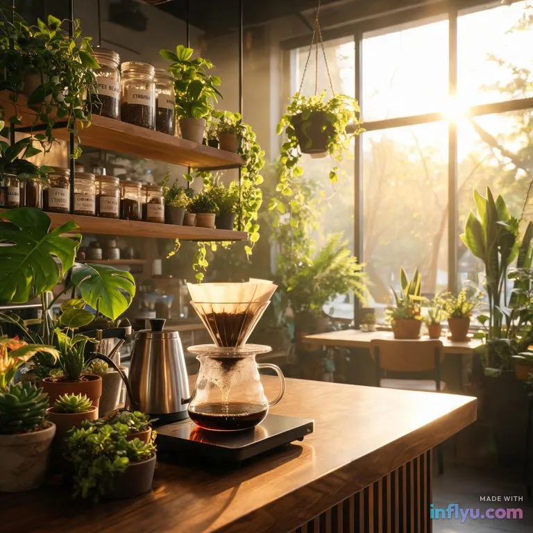 Plant-filled specialty coffee bar with pour-over setup, AI image