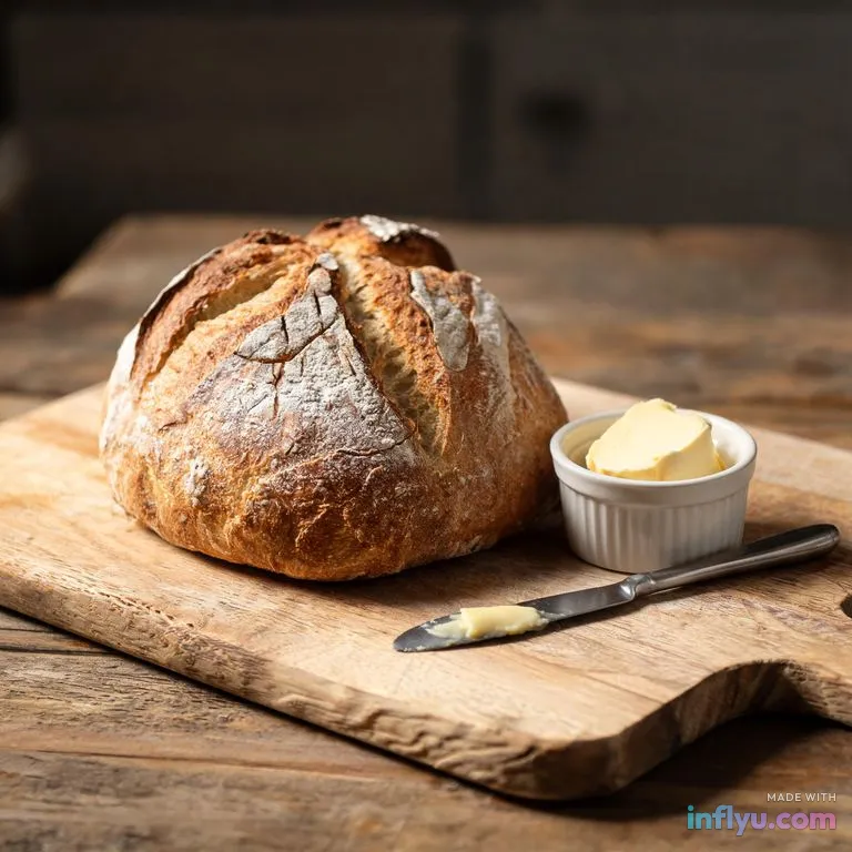 Rustic sourdough loaf and butter on a wooden board, AI image
