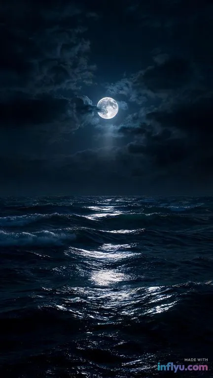 Dark moody ocean waves at night with moonlight, AI image