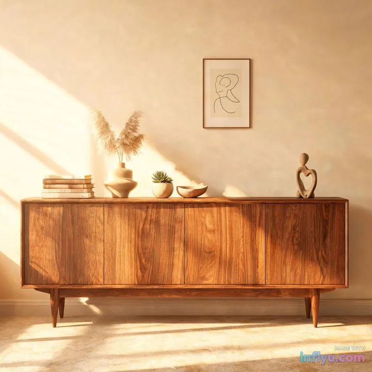 Mid-century walnut sideboard styled with ceramics and books, AI image