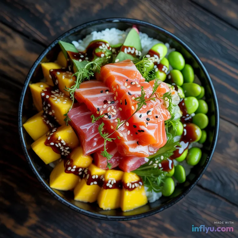 Colorful poke bowl with salmon, AI image